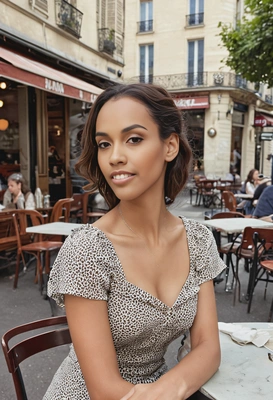 as a woman in a vintage-style dress, sitting at a café table on a Parisian street, with her gaze wandering out into the distance