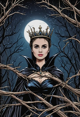 as the evil queen from The Sleeping Beauty surrounded by dry thorny branches, dark night, in cartoon style
