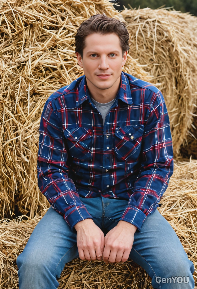 wearing a flannel shirt, sitting on a haystack at a local farm, autumn