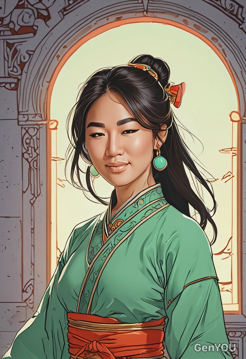 Hand-drawn flat cartoon style, Jade Chan, dynamic outlines, mystical relic glow lighting, waist-up portrait, museum background