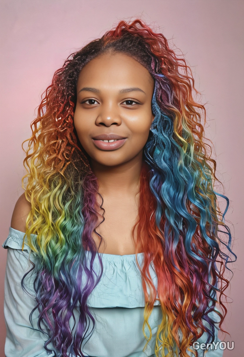 long, cascading hair dyed in a holographic rainbow gradient with soft curls, soft focus, blurred background