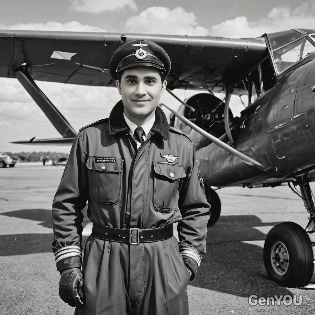 in a 1940s pilot uniform, standing next to a vintage plane, captured in black and white