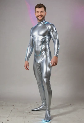 in Silver surfer costume, full body image, costume party setting, lights everywhere