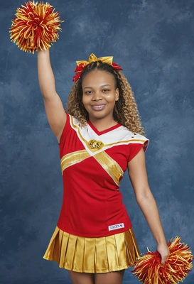 as a 90s cheerleader in a red and gold uniform, holding pompoms and smiling brightly, against a traditional blue yearbook background