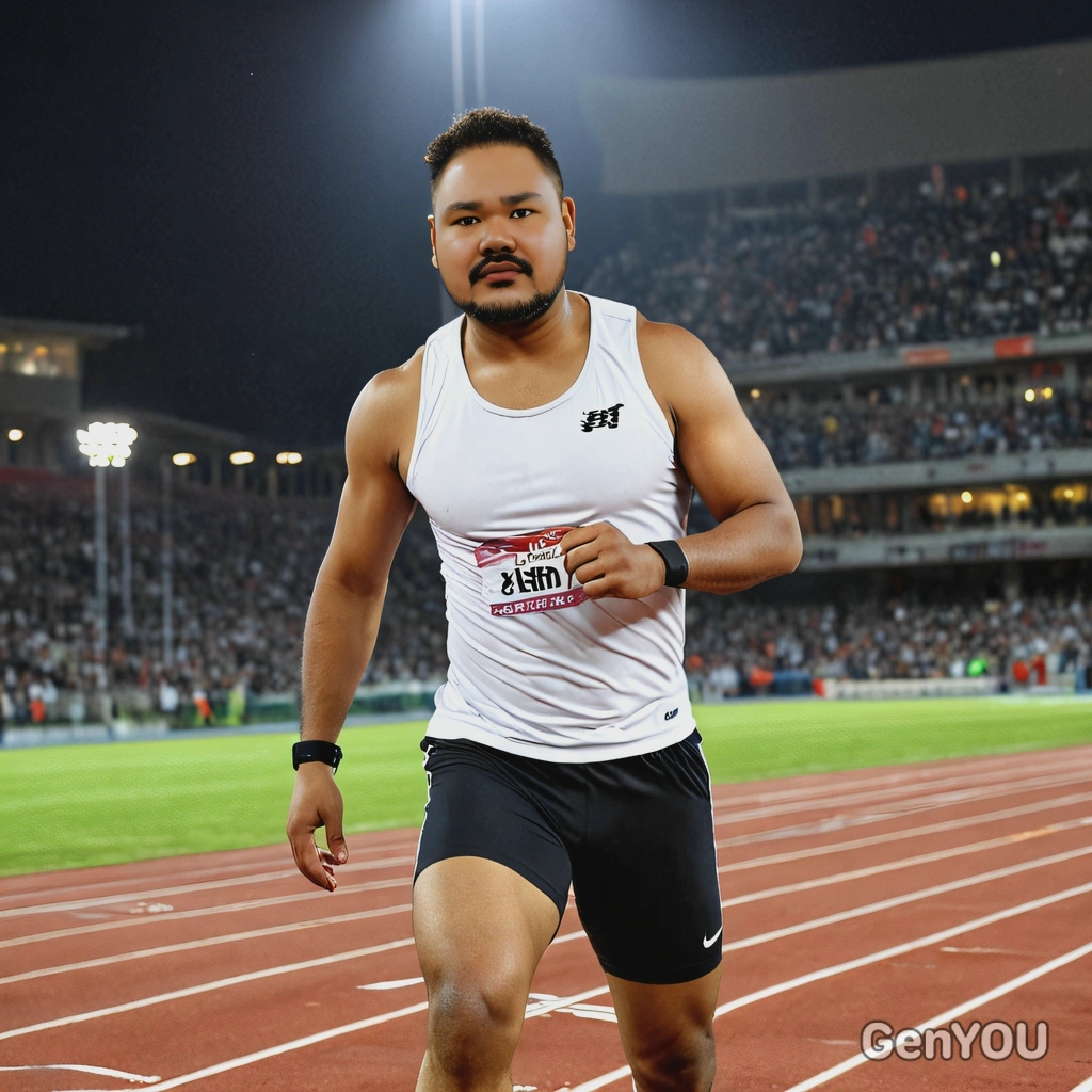 as a sprinter, wearing a sleek athletic outfit, with stadium lights illuminating the night