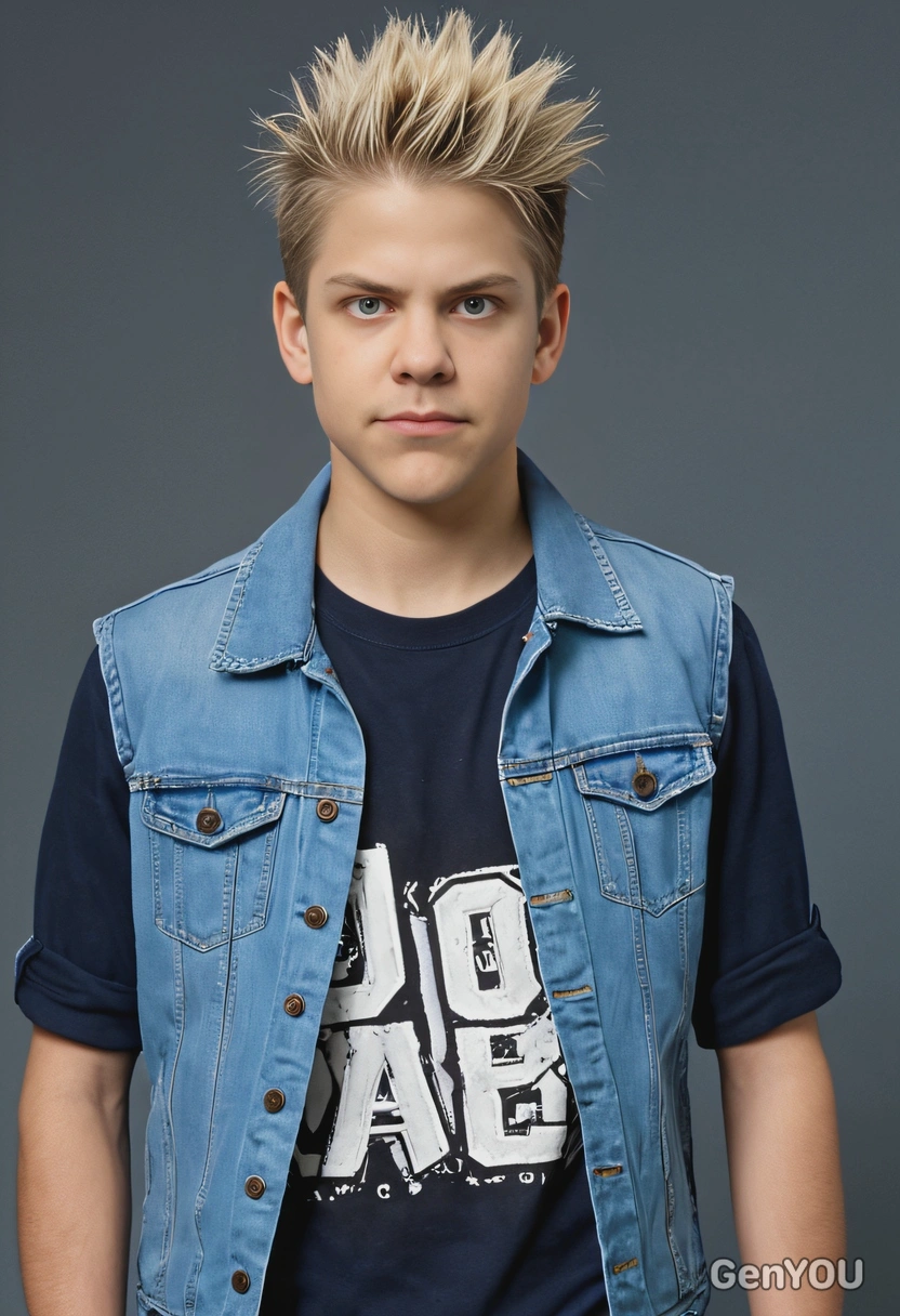 blonde student in a band tee and light blue denim vest with clear buttons, his hair in liberty spikes, mid-shot photo, murky blue yearbook background