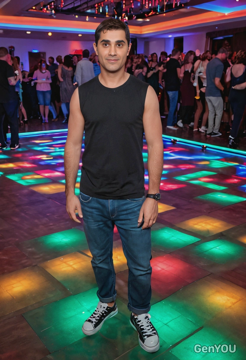 posing in the center of the dance floor, with colorful lights