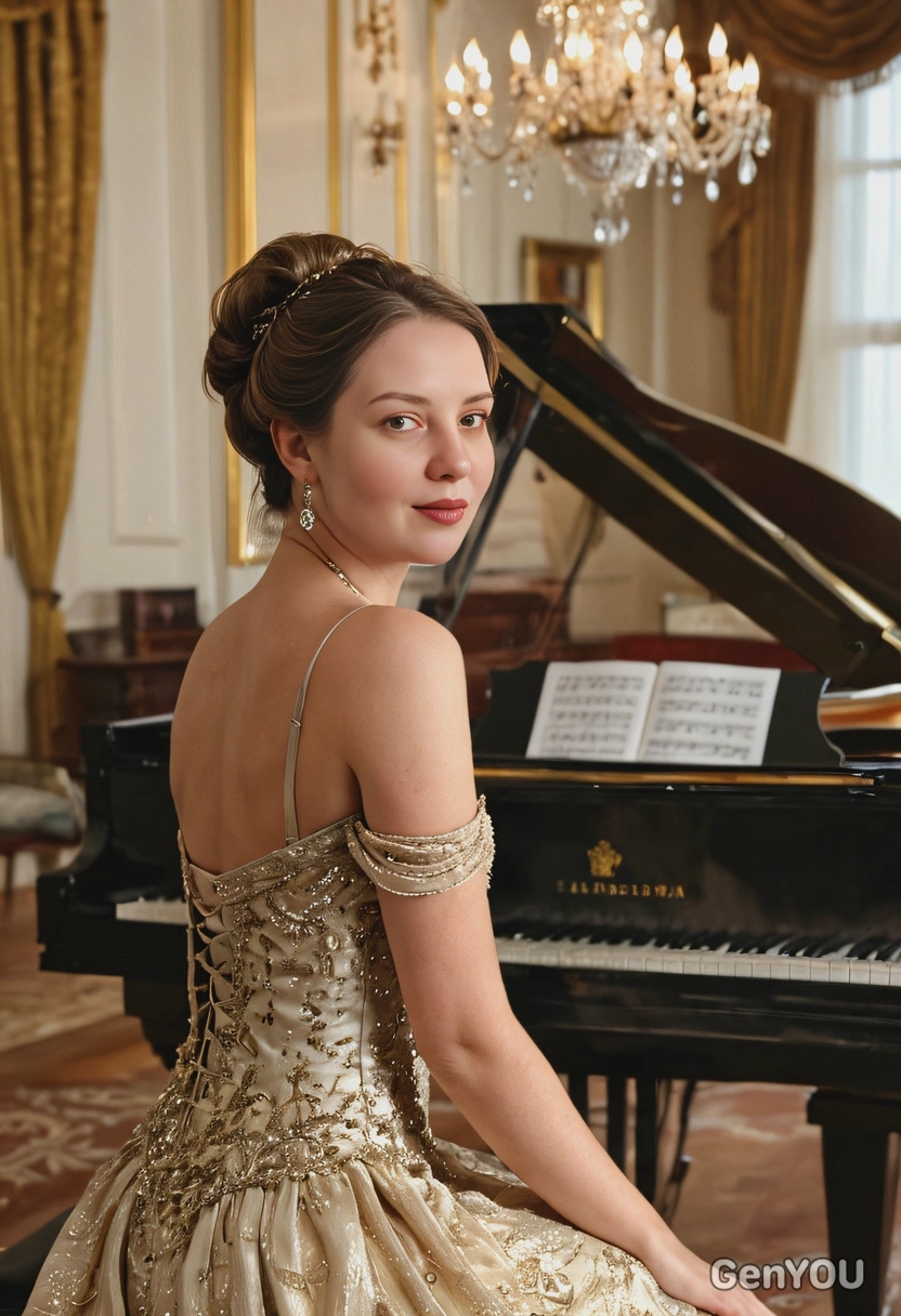 gracefully sitting posing by a grand piano in an opulent music room, exquisite shimmering dress, classic hairdo, cinematographic style, blurry background, professional shot, indoor lighting, soft shadows, light glare, golden hour