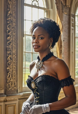 Elegant lady from the Victorian era in corseted dress, cameo brooch, blurry Victorian palace hall in the background, sun rays from the huge window