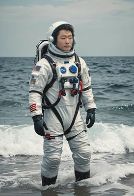 astronaut in the ocean, full-body, blurred background, cinematographic style