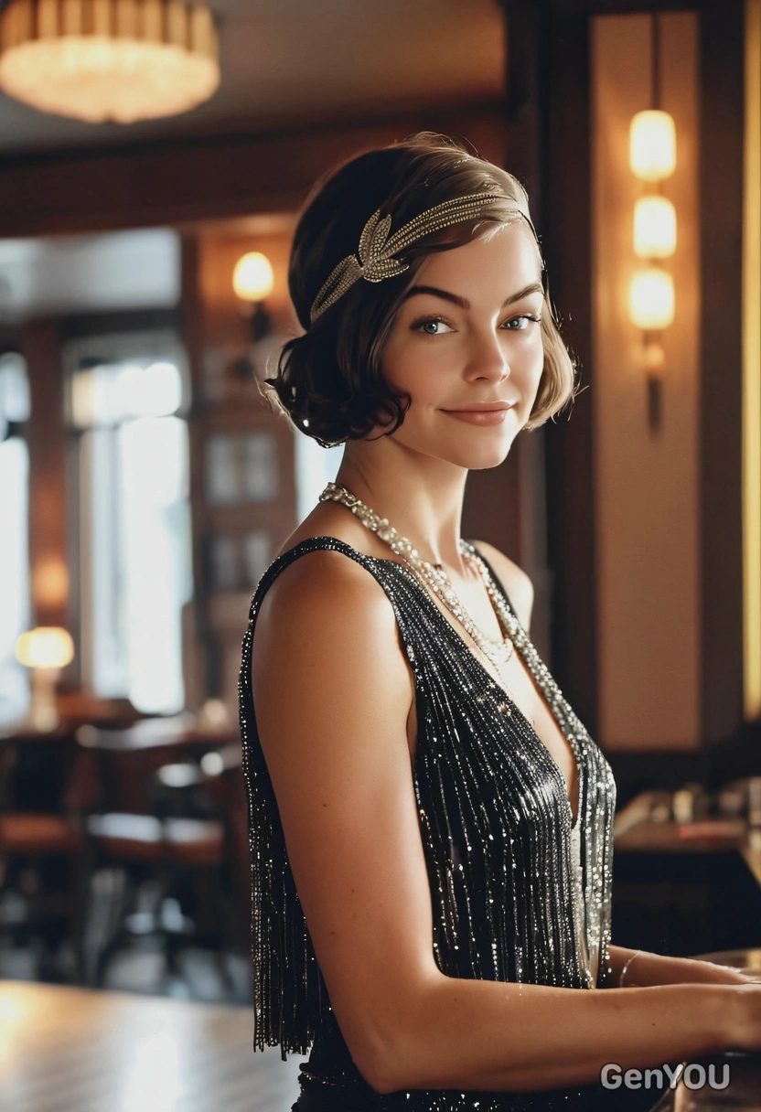 flapper, blurry arc deco-styled cocktail bar on the background, soft indoor lights, long shadows