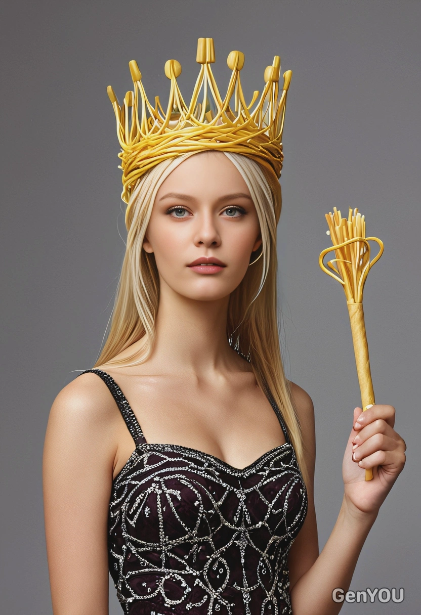  wearing a crown made of spaghetti, holding a scepter made of breadsticks