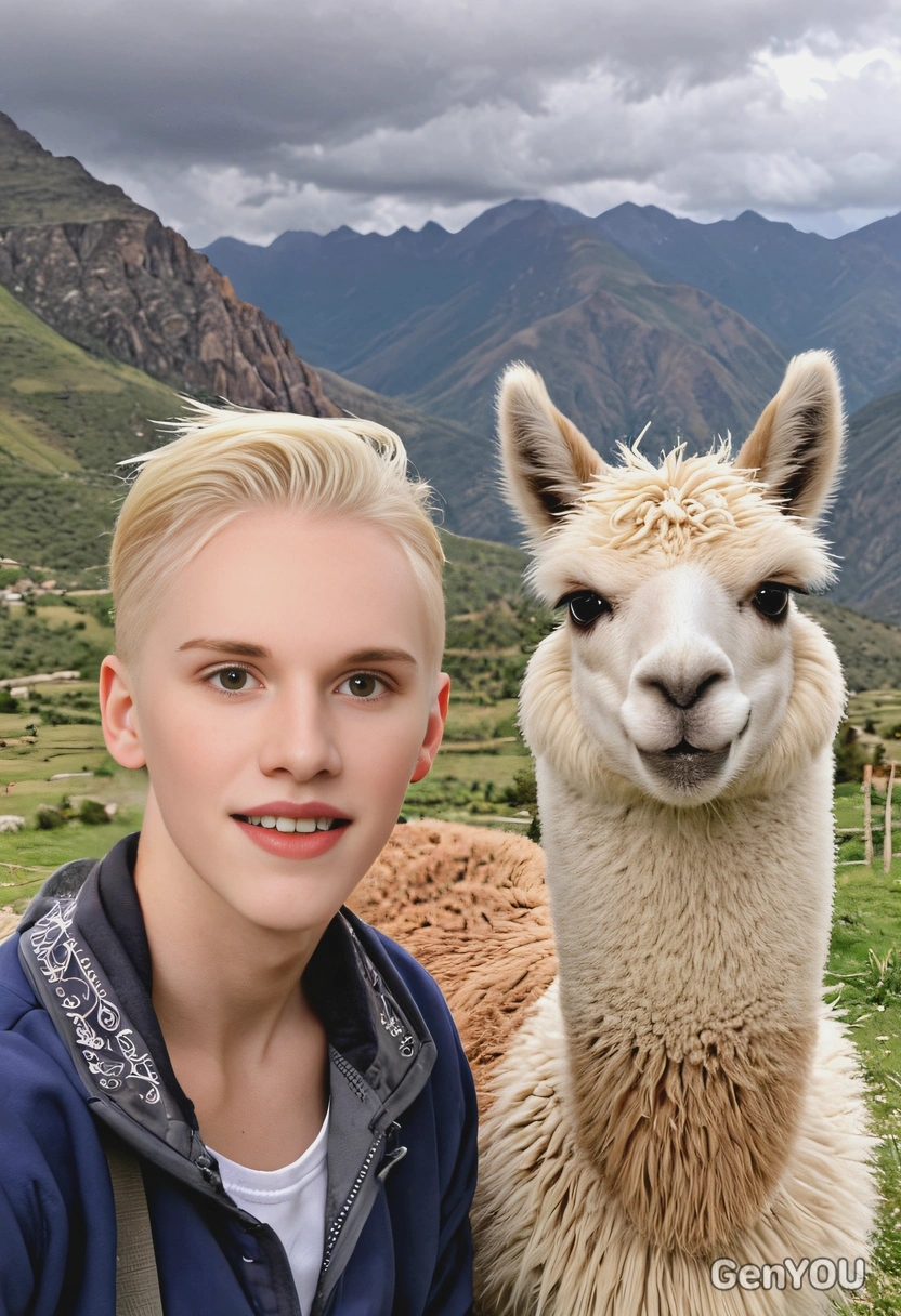 smiling, with a llama in the Andes Mountains