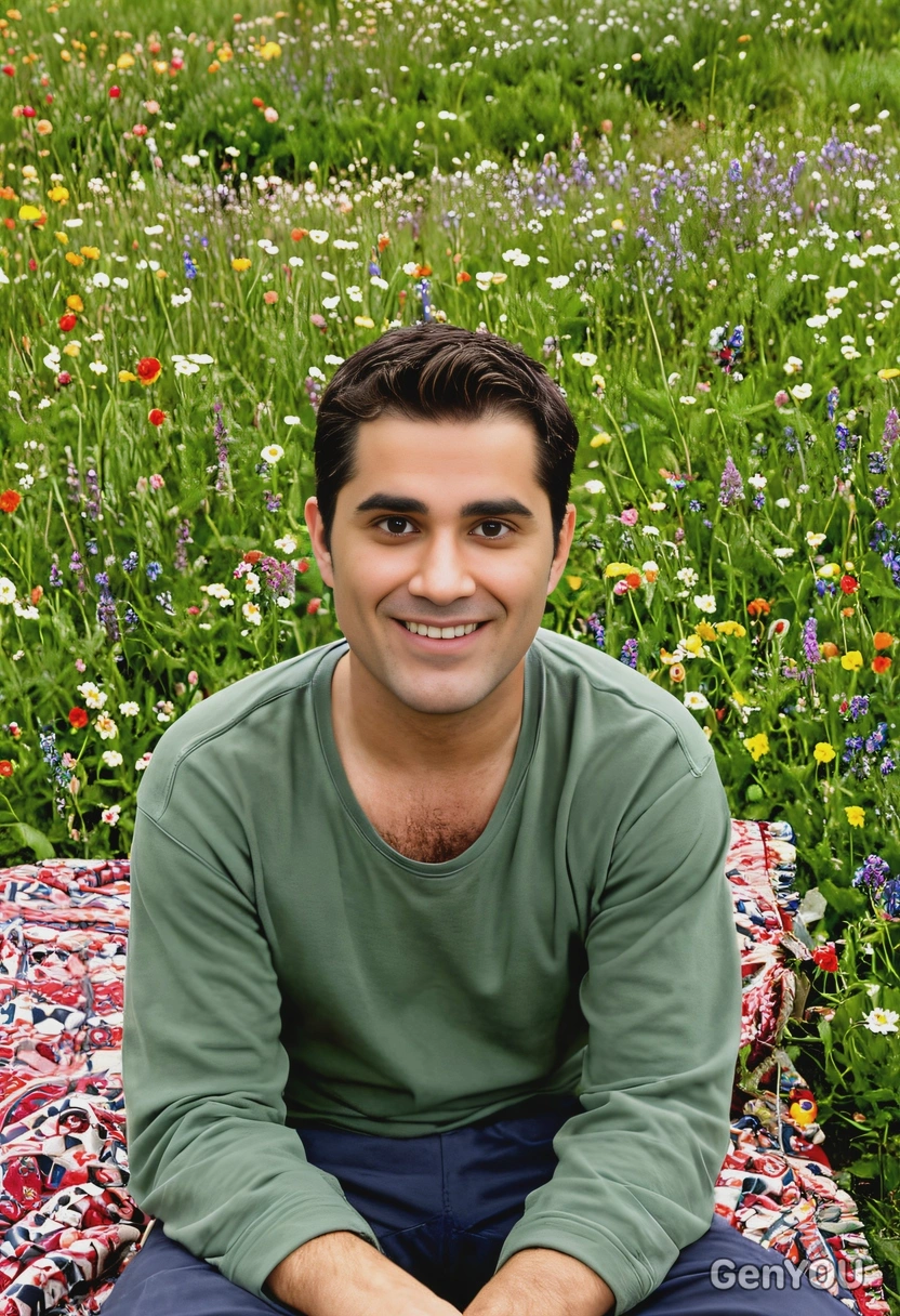 a man sitting on a blanket in the middle of a meadow, surrounded by wildflowers, with a peaceful smile