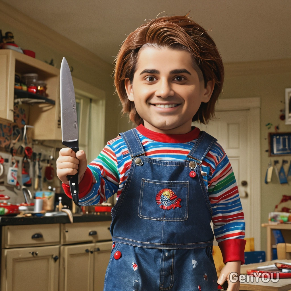 as Chucky, the doll, brandishing a kitchen knife, against the backdrop of a dimly lit, chaotic children's room
