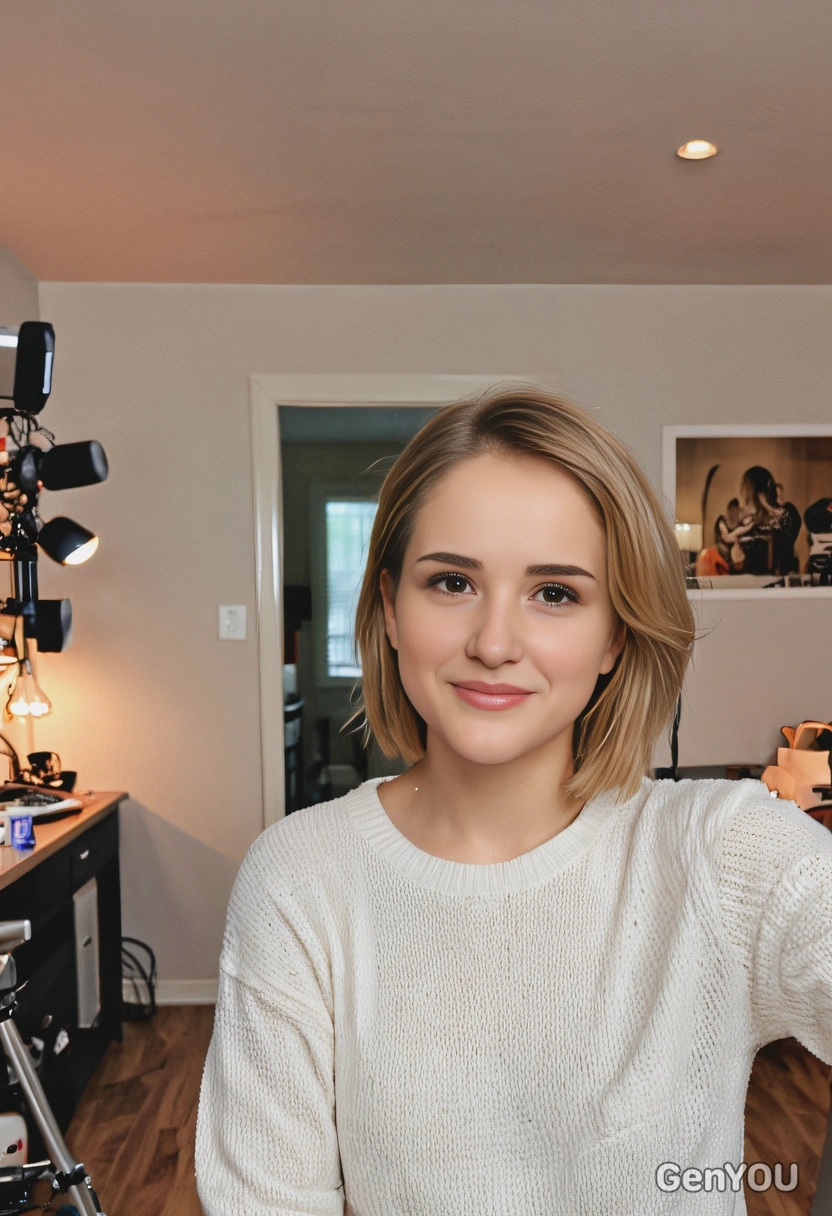 as a YouTube blogger, well-lit room with in the background