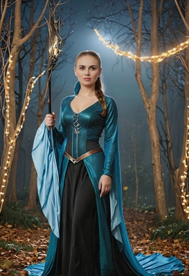 dressed as Arwen, full-body image, dynamic pose, halloween party background lights