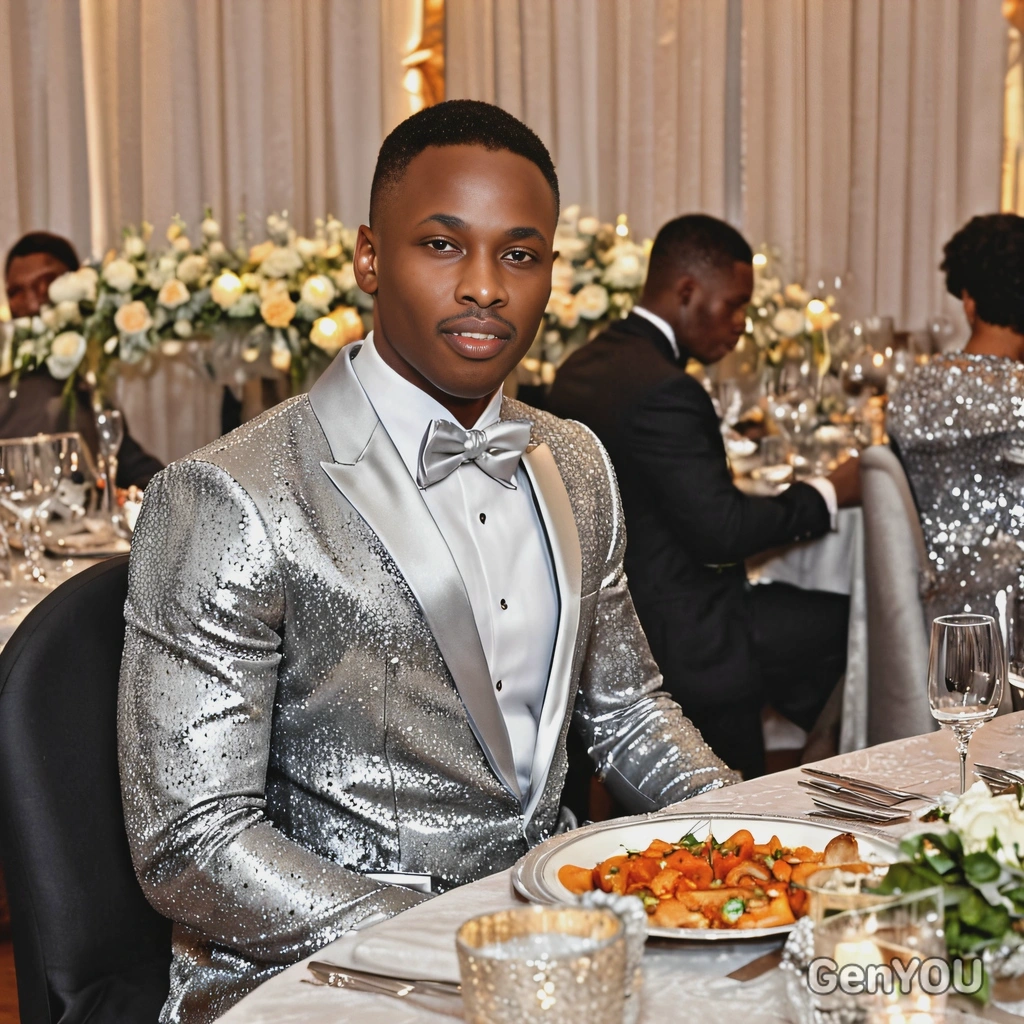 wearing a shimmering silver gown, sitting at a formal dinner party, with elegant table decor all around