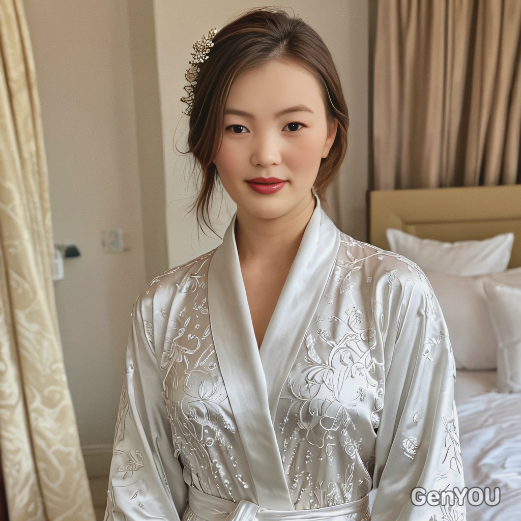 as a bride, in a beautifully decorated bridal suite, wearing a silk robe, half body view