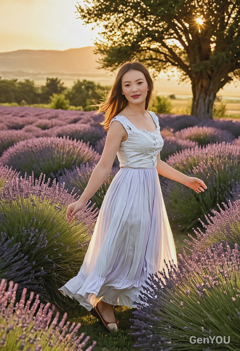 as a woman, twirling alone in a field of lavender under the golden glow of the setting sun