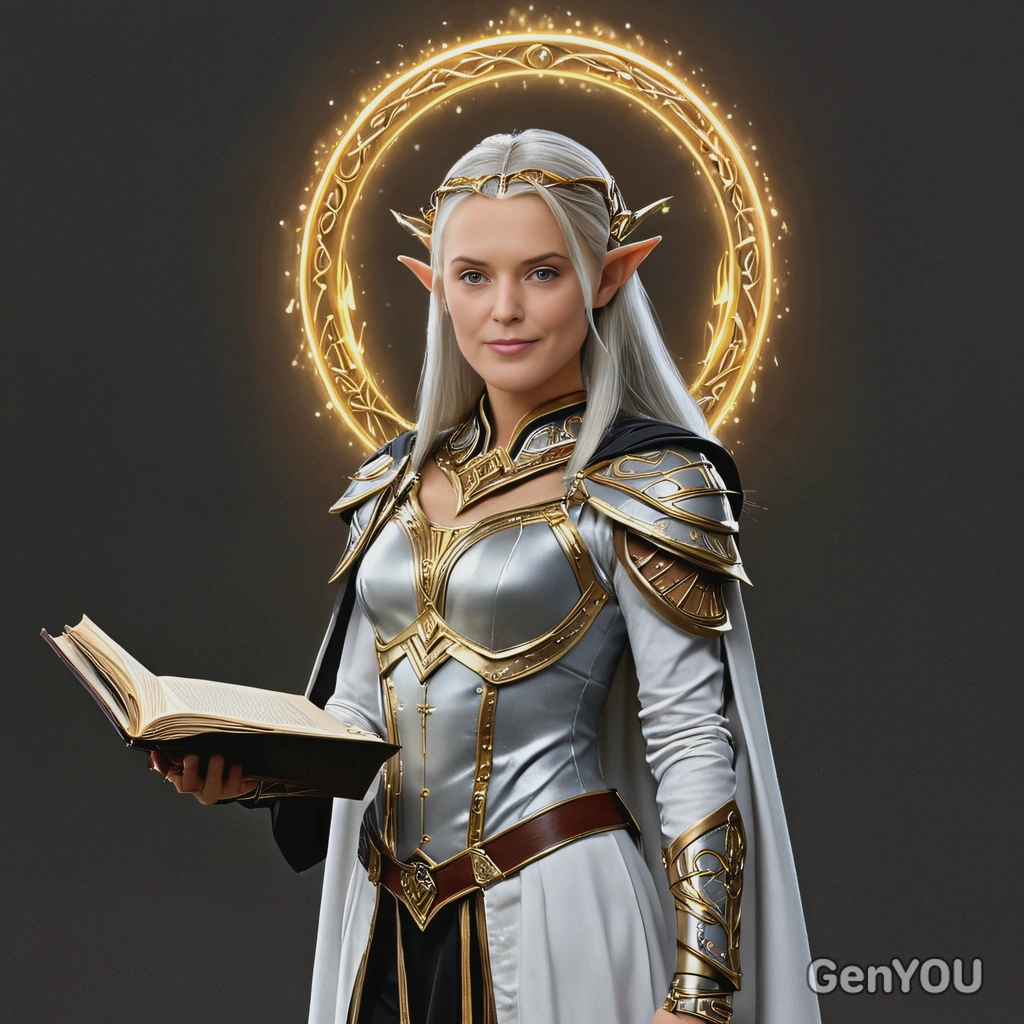Wearing a golden circlet and a silver cape, pose as a high elf mage, standing  with glowing magical tomes and ancient scrolls