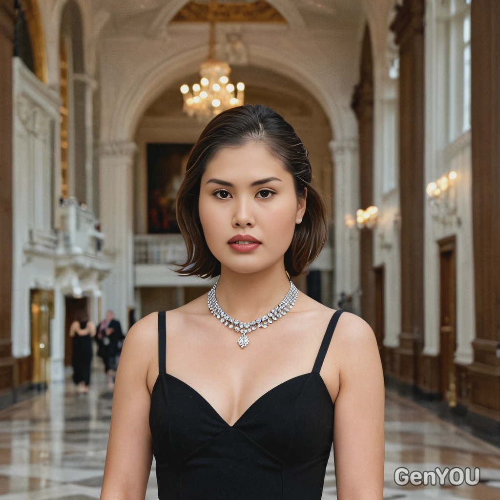 in a classic black dress and diamond necklace, standing in a grand hall, blurred background, soft focus