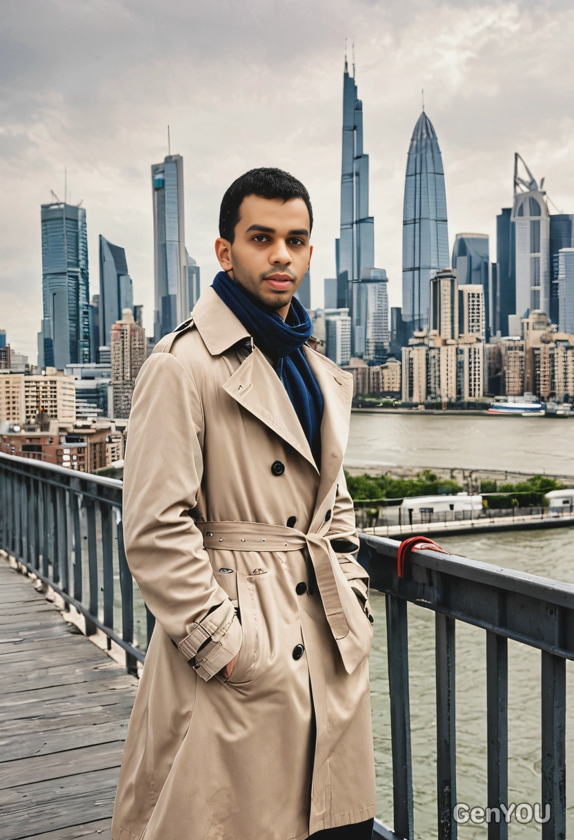 in a classic trench coat, standing on a bridge with an iconic city skyline behind
