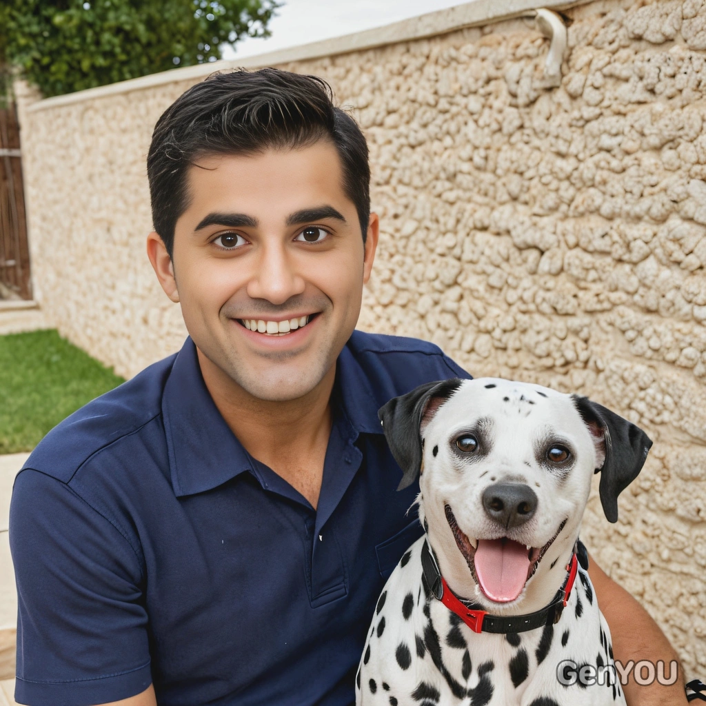 smiling, in a navy shirt, with a dalmatian, outside