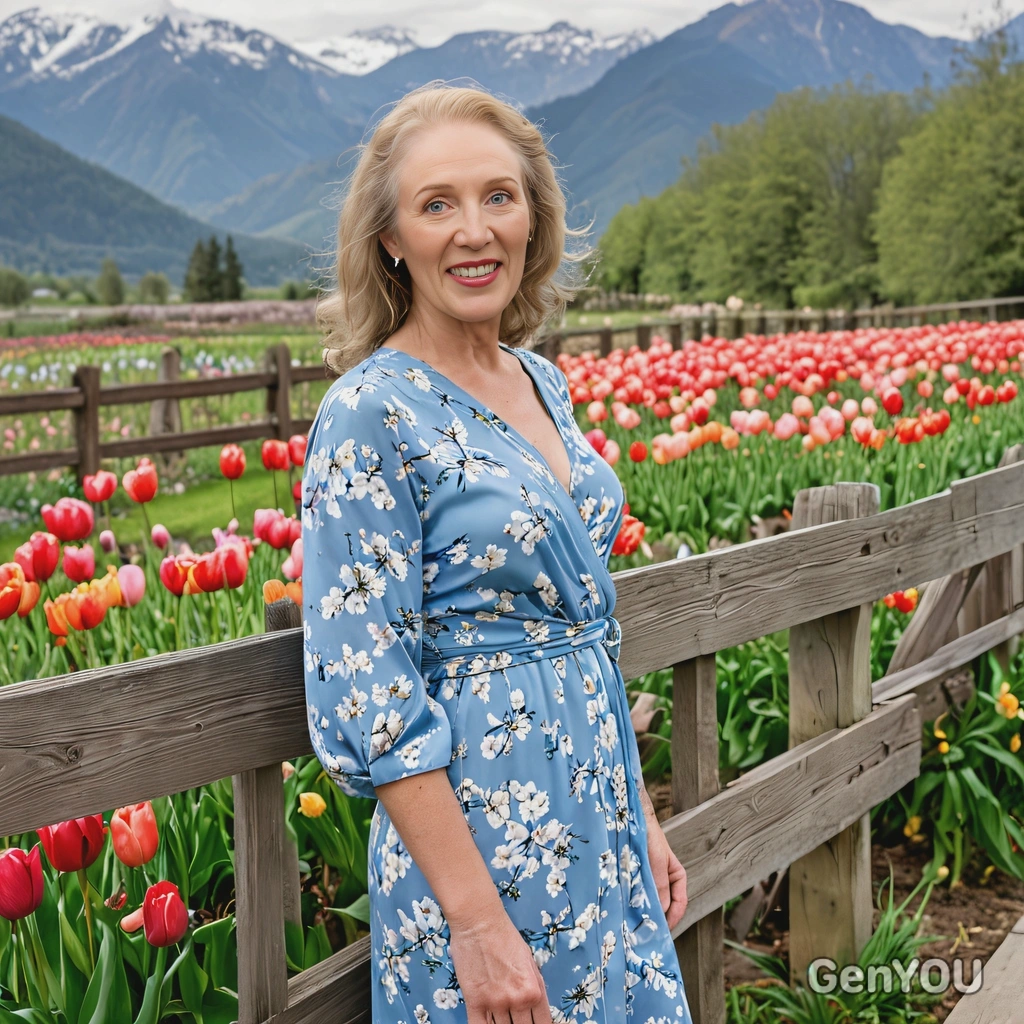 wearing a soft blue wrap dress, leaning on a wooden fence surrounded by blooming tulips, with mountains in the distance, half body portrait