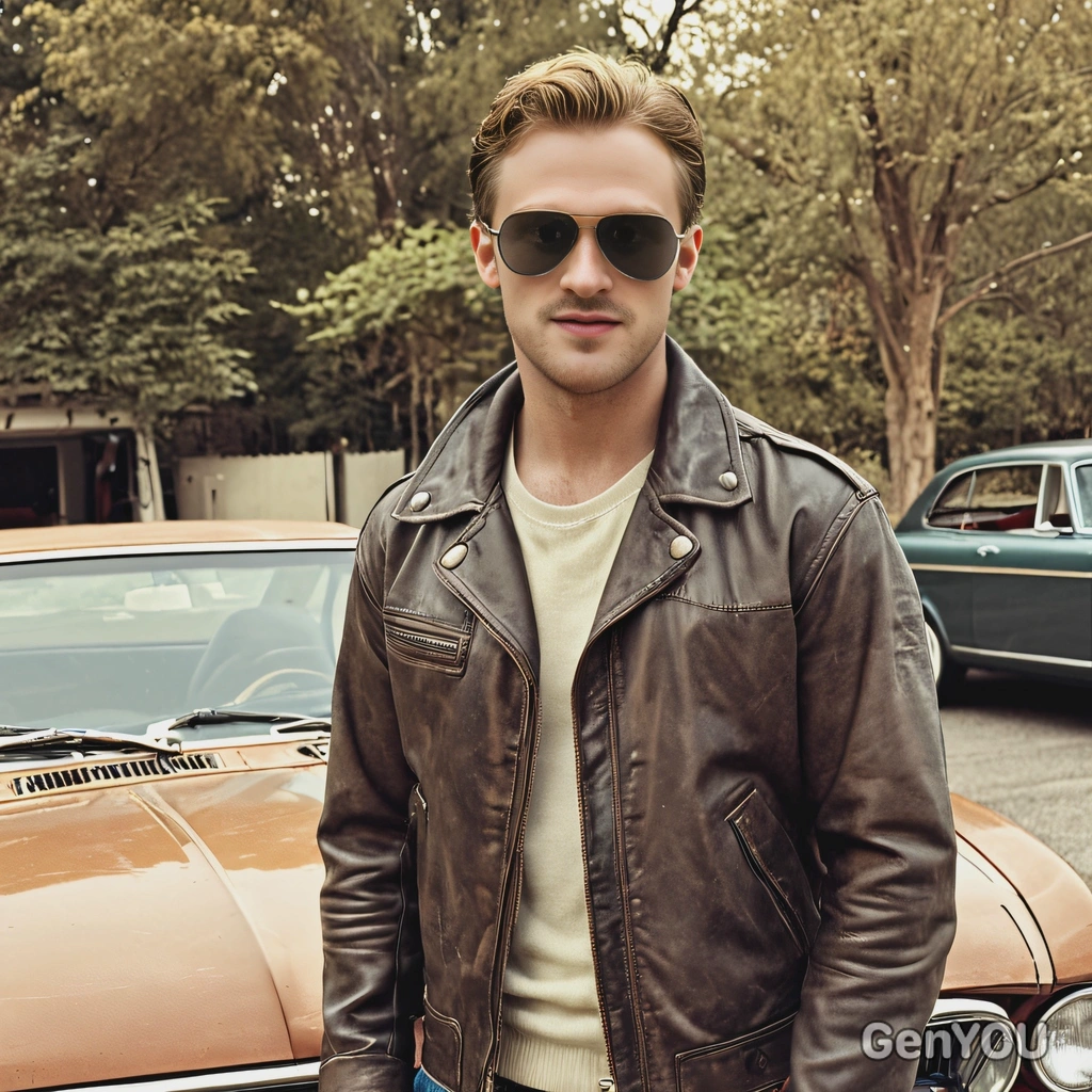 dressed in 1970s aviator sunglasses and leather jacket, standing beside a vintage car, with a faded color effect