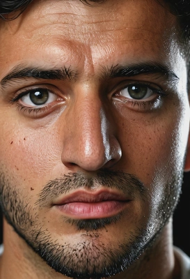 Create a cinematic portrait, shot with a 50mm lens, super realistic. High detail, dramatic lighting, shallow depth of field, noir film atmosphere. Focus on the eyes, skin texture, and emotional expression.
