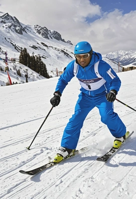 as a competitive skier, wearing a blue ski suit, racing down a snowy mountain with the ski poles cutting through the snow