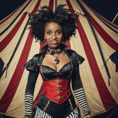dressed as a twisted circus ringleader, standing in front of a spooky big top tent, half body portrait 