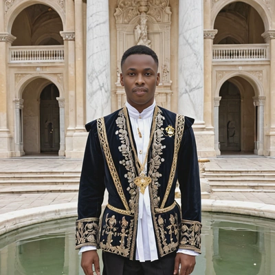 as a royal prince, dressed in a ceremonial outfit, standing next to a magnificent marble fountain in a palace courtyard