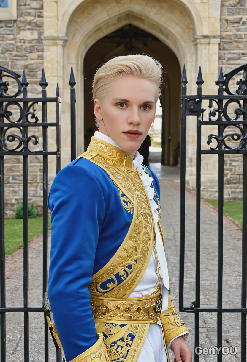 As Prince Charming, wearing royal attire, standing at the gates of a grand castle