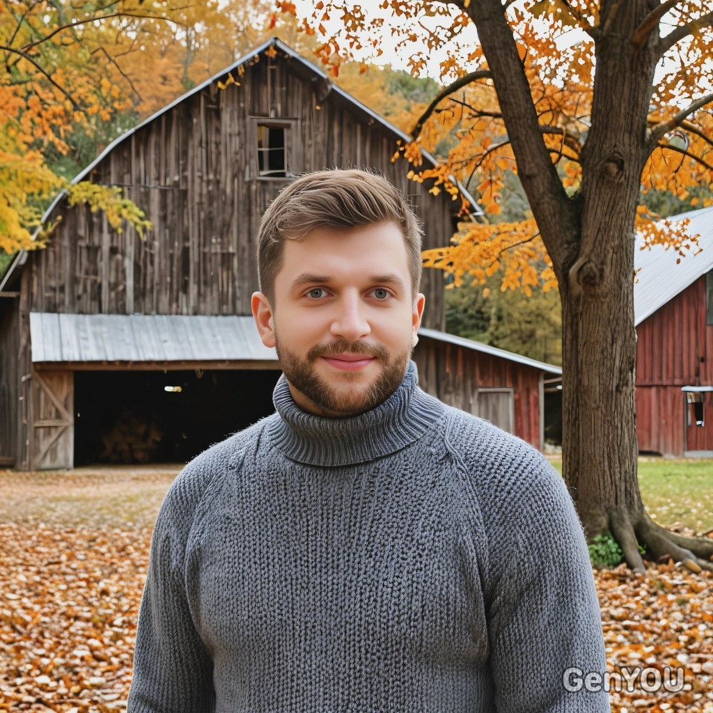 in front of an old barn in a turtleneck sweater, framed by autumn trees