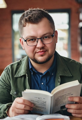 reading in glasses, cafe