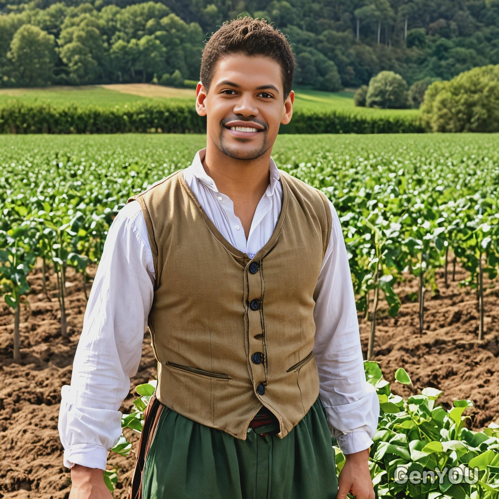 As Jack from Jack and the Beanstalk, wearing simple peasant clothing, standing at open field 