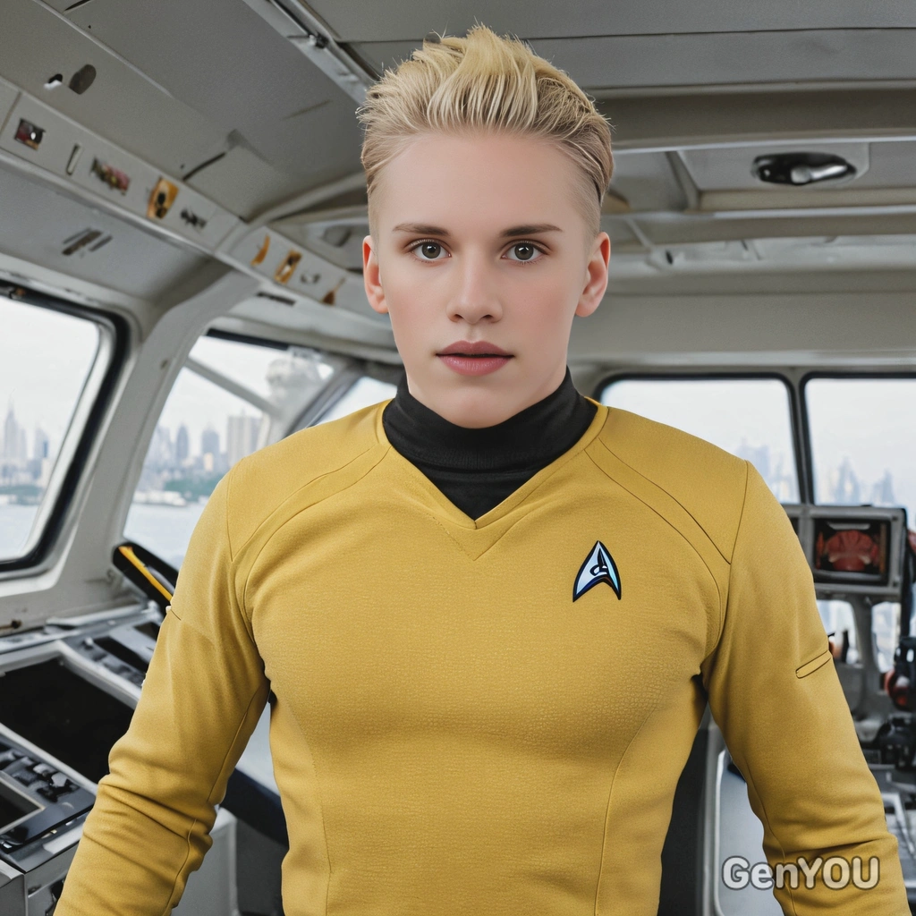 as James T. Kirk from Star Trek, wearing a yellow Starfleet uniform, standing on the bridge of the USS Enterprise, ready to command the ship, half body view 