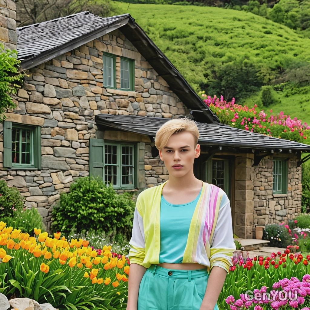 dressed in light spring colors, standing in front of a rustic stone cottage surrounded by lush green hills and flower beds bursting with vibrant colors, half body 