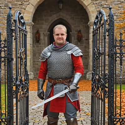 as a squire in chainmail, wielding a sword and shield, standing at the gates of a castle, autumn, vivid colors, symmetrical clothing details, cartoon style, high-quality stylized art