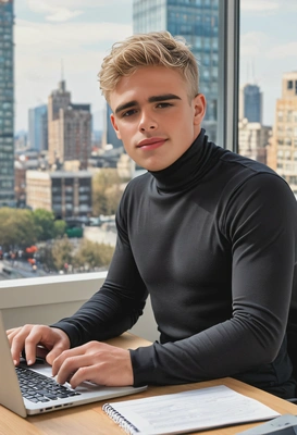 company executive wearing a black turtleneck, sitting at the desk typing on a laptop, city view behind a window, blurred background, morning natural lighting