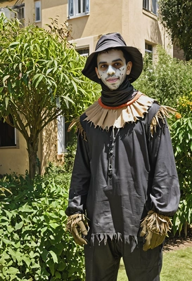 wearing a scarecrow costume, standing in a creepy, overgrown garden with the shadow of a house in the background