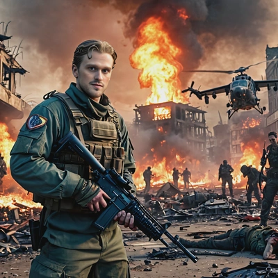 as a soldier, zombie apocalypse, military uniform, rifle in hands, surrounded by big evil zombies, shabby destroyed burning city, looking directly at camera, helicopters in air, vivid colors, late evening, high-quality cinematographic style