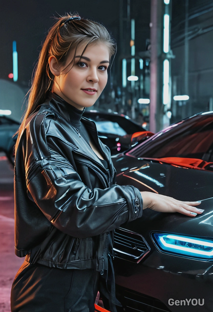 by a cyberpunk car, oversized clothes, glowing hand, blurred background