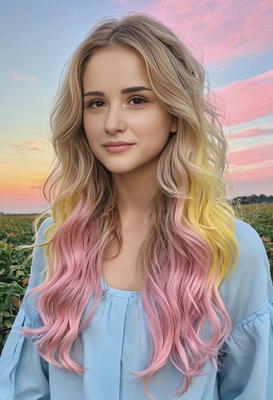 long, flowing hair in pastel ombré shades of yellow, pink, and blue, styled in loose curls, with a dreamy pastel-painted sky backdrop