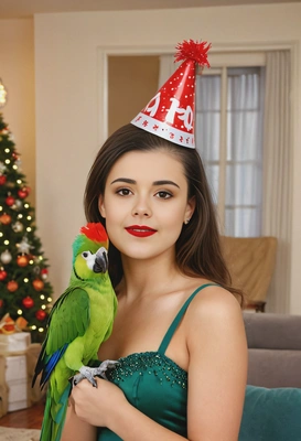 smiling, celebrating New Year’s Eve with her parrot, both wearing party hats, in a decorated apartment, soft focus, blurred background 