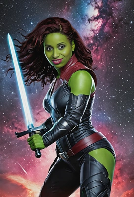 Gamora wielding her sword, ready to strike in the middle of a cosmic battle