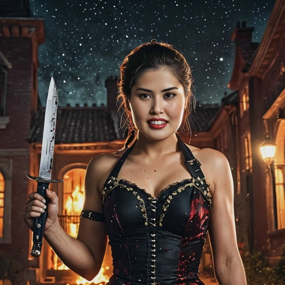 as a fighter, in glamorous dress, grin showing teeth, holding knife in hand, blood, before a burning rich mansion, dark night with stars, looking directly at camera, vivid colors, high-quality cinematographic style