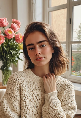 iPhone camera quality, sharp skin texture details, hyperrealistic textured face skin, wearing oversized sweater with chunky flowers embroidery, romantic pose, blurry contemporary living room interior background, morning sun rays from the window